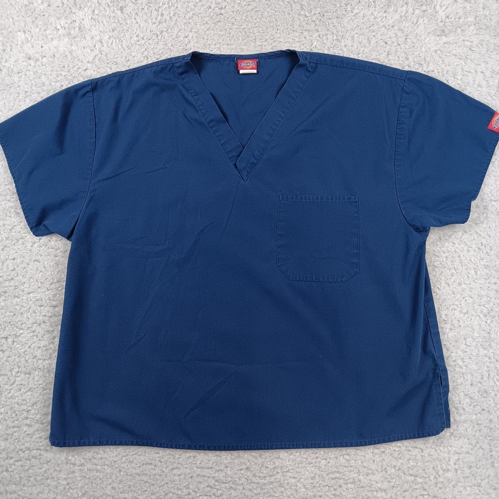 Dickies Scrub Top Unisex L Navy Blue V-Neck Short Sleeve Chest Pocket Workwear